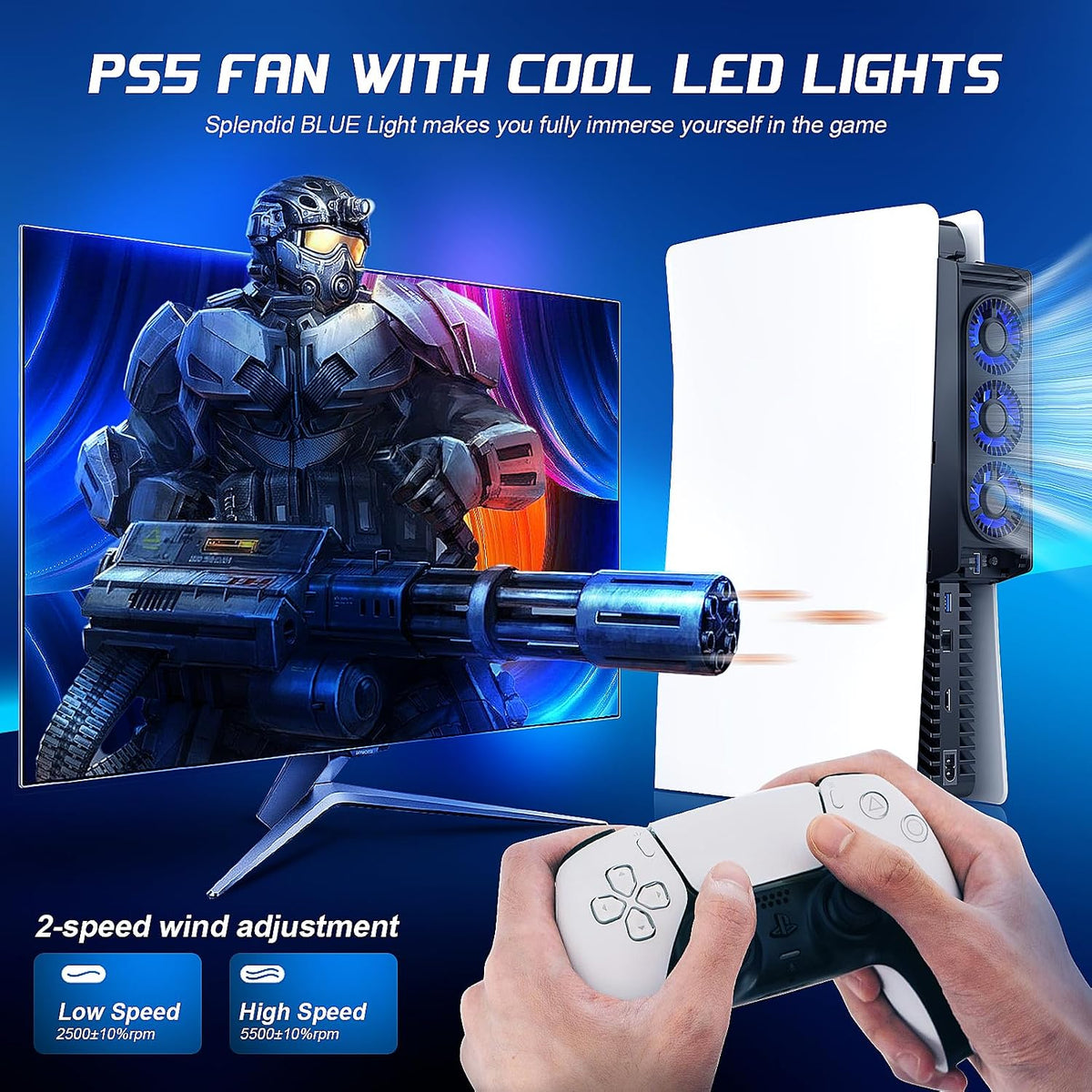Cooling Fan for PS5 Cooler Fan for PS5 Accessories with LED Light and 3.0 USB Ports Fan Cooling Fan Compatible with PS5 Host Digital Version or CD Version,Not for Ps5 Slim/Ps5 Pro