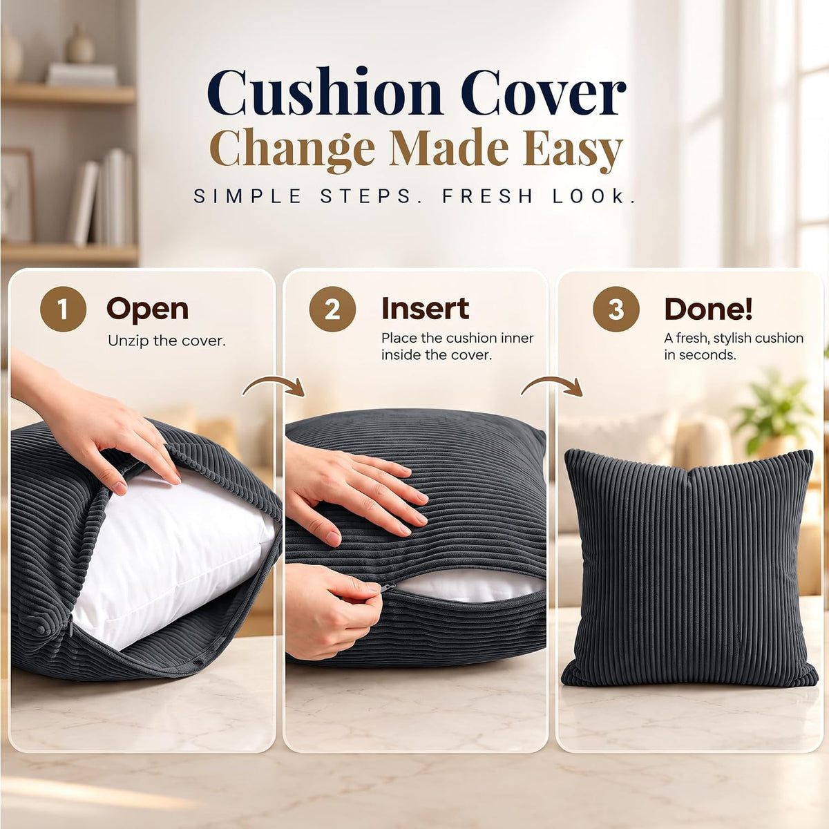 Grey Cushions with Covers Included 45 X 45 Cm Pack of 4 (4-Cushion Covers, 4-Inserts) with Invisible Zipper Pattern Cushion for Home Décor, Bedroom & Sofa (18X18 Inchs)