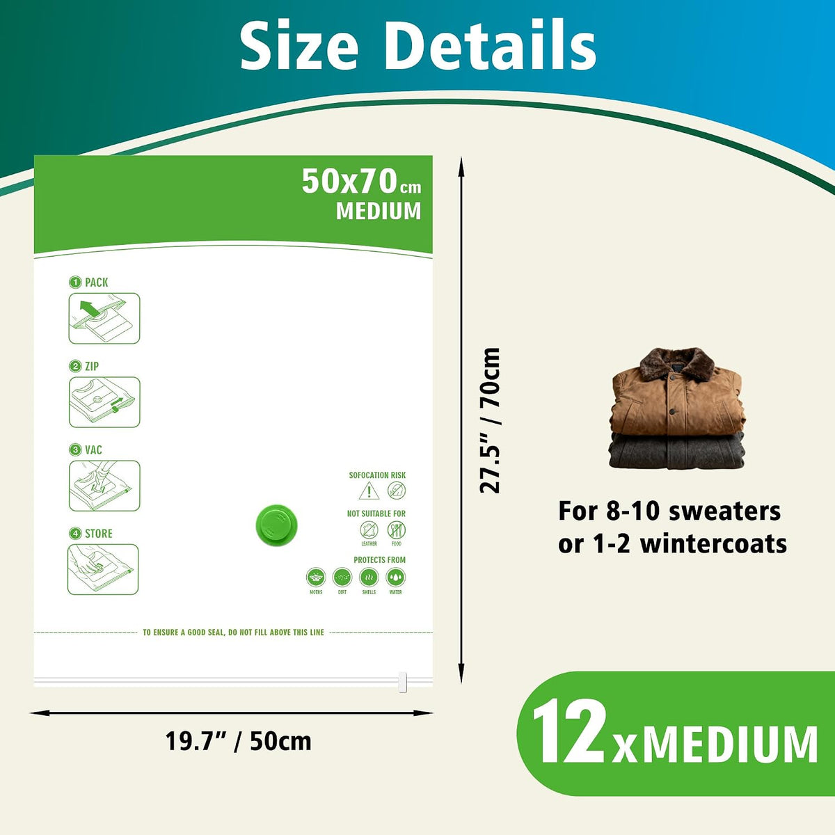 Space Saver Bags for Travel and Home Reusable Vacuum Storage Bags save 80% More Storage Space (12, M)