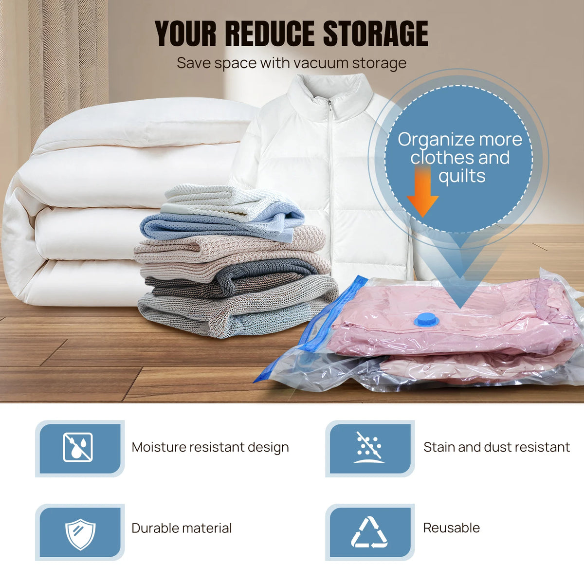 Clothes Storage Bag,12 Vacuum Bags, Multi-Purpose Plastic Bag, for Clothes, Bedding, Dormitories, Moving,Reusable