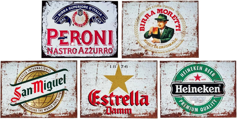 Vintage Metal Beer Sign Set (5 Pack) – Pub, Bar & Man Cave Wall Decor – Indoor & Outdoor