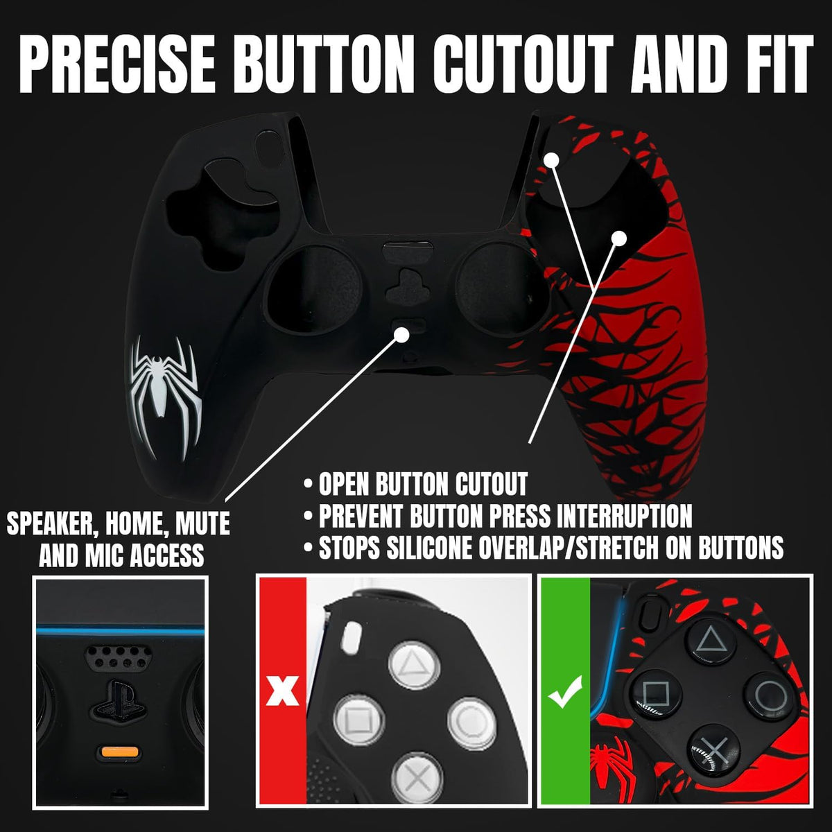 Black and Red Spider Anti-Slip Silicone Cover Skin for PS5 Controller, Soft Rubber Case for PS5 Wireless Controller with 2 Sets Thumb Grips