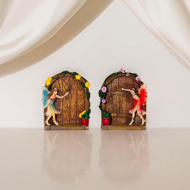 Set of 2 Fairy Garden Doors Resin Fairy Door Ornaments Outdoor Weather Resistant Fairy Garden Accessories Hand Painted Whimsical Garden Decorations Indoor Outdoor Garden Gifts