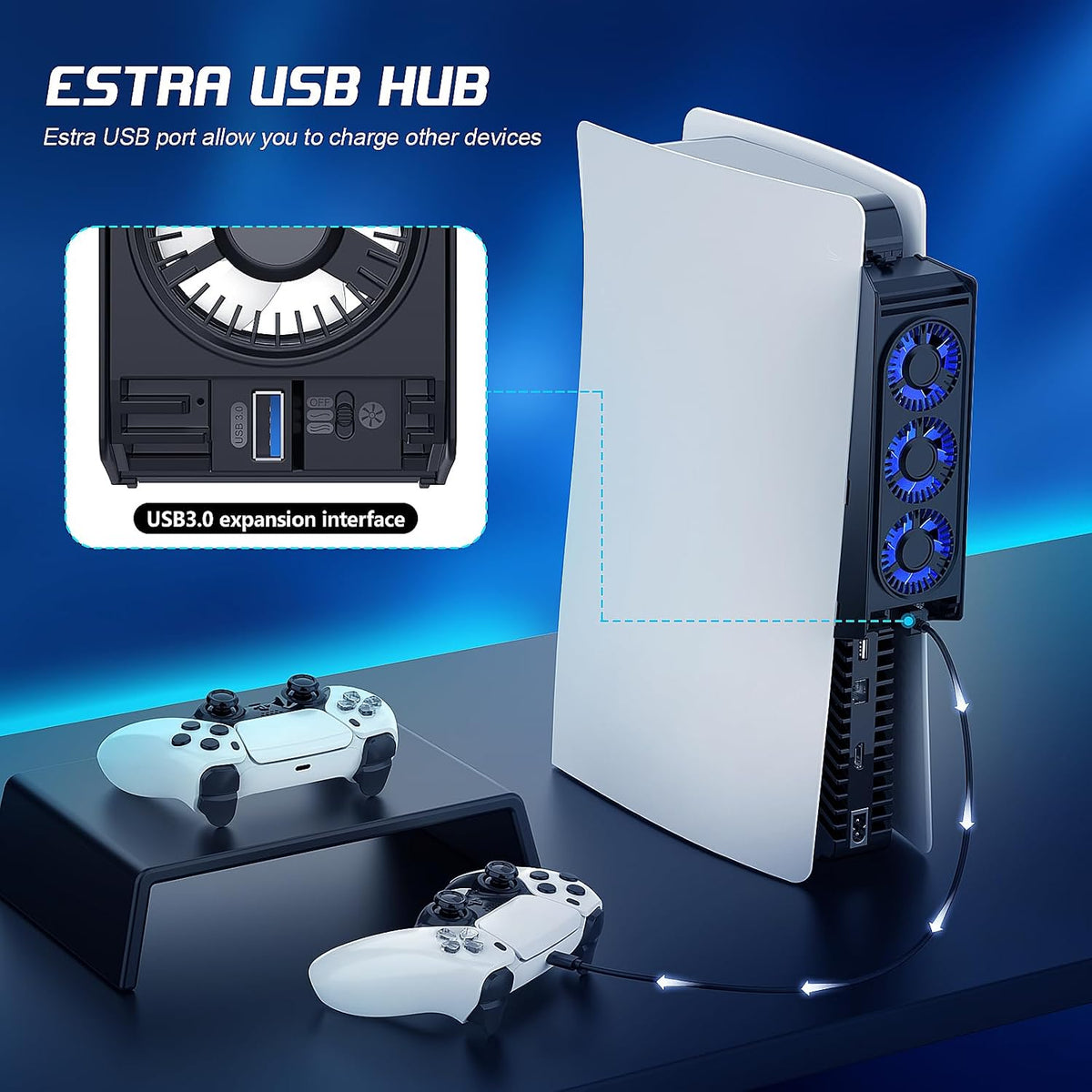 Cooling Fan for PS5 Cooler Fan for PS5 Accessories with LED Light and 3.0 USB Ports Fan Cooling Fan Compatible with PS5 Host Digital Version or CD Version,Not for Ps5 Slim/Ps5 Pro