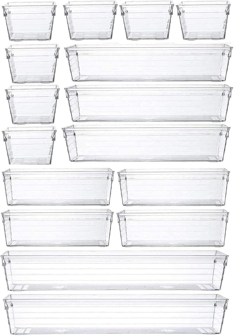 16 Pcs Clear Plastic Drawer Organiser Trays Desk Versatile Kitchen Drawer Organiser Bins Tray for Makeup Bedroom Office