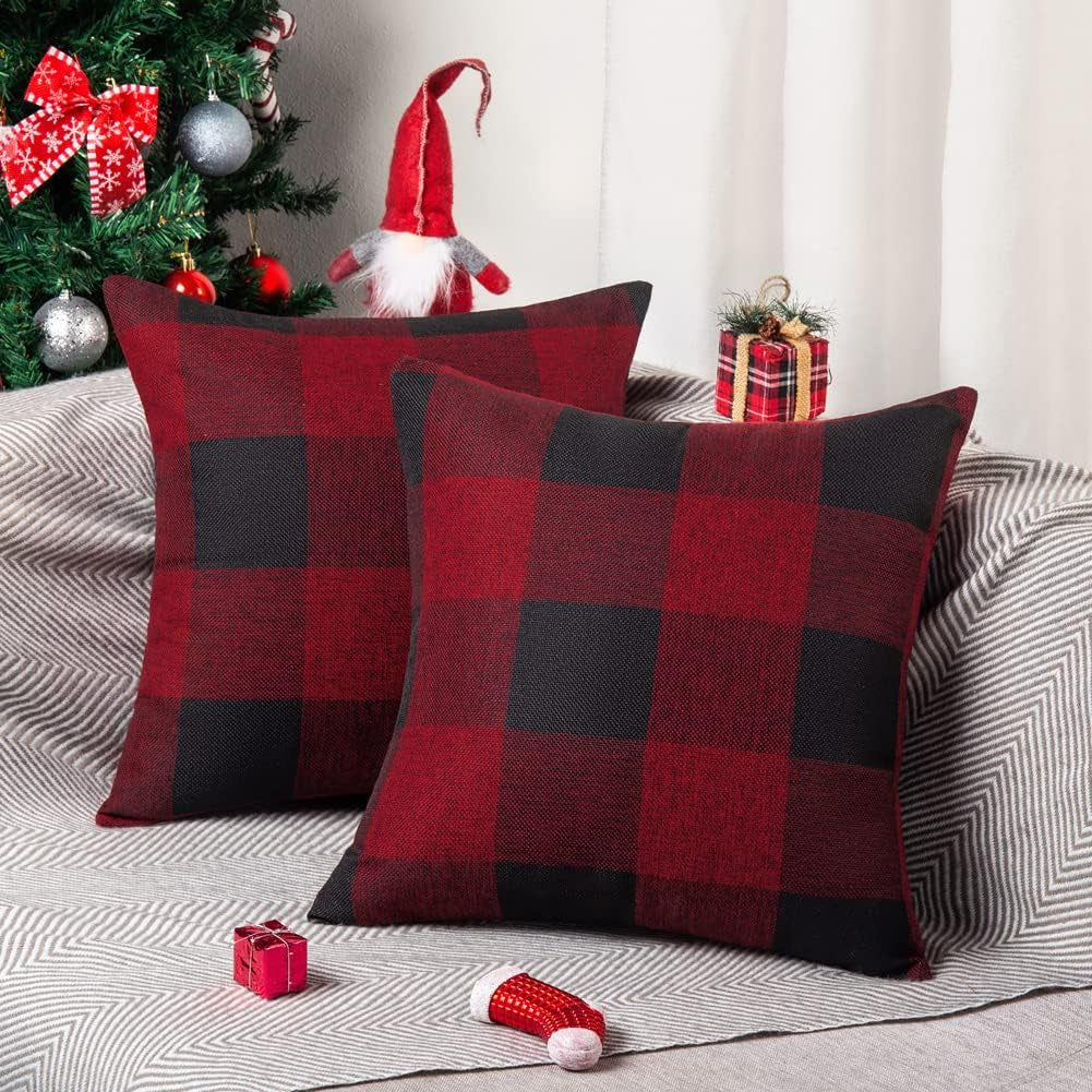 Buffalo Check Cushion Covers 55Cm X 55Cm Set of 2 Linen Decorative Square Tartan Throw Pillow Case for Sofa Couch Bed Home Decor Car 22X22 Inches (Burgundy & Black)