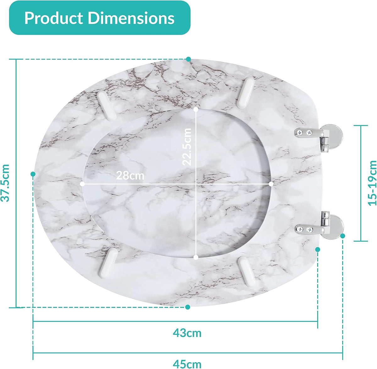 Marble Effect Toilet Seat, 43 X 37.5Cm, Chrome Plated Hinges