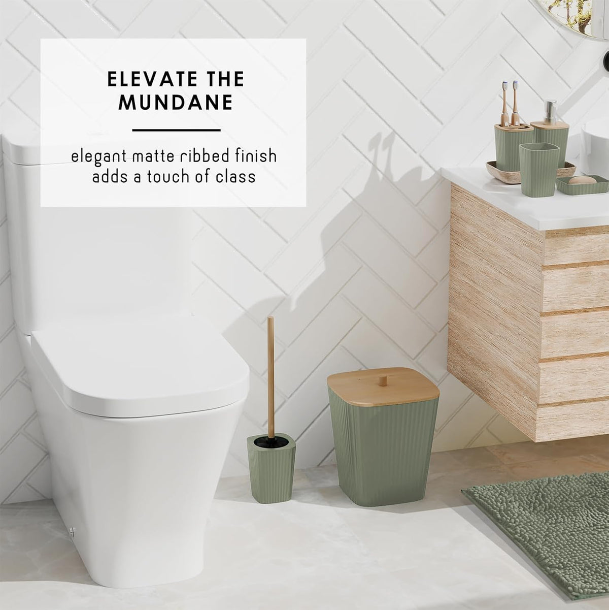 Bathroom Accessories Set - Bathroom Accessory Set with Shower Curtain Set, Toilet Brush, Trash Can & Soap Dispenser & Rugs (Sage Green, Complete Set + Bath Rugs)