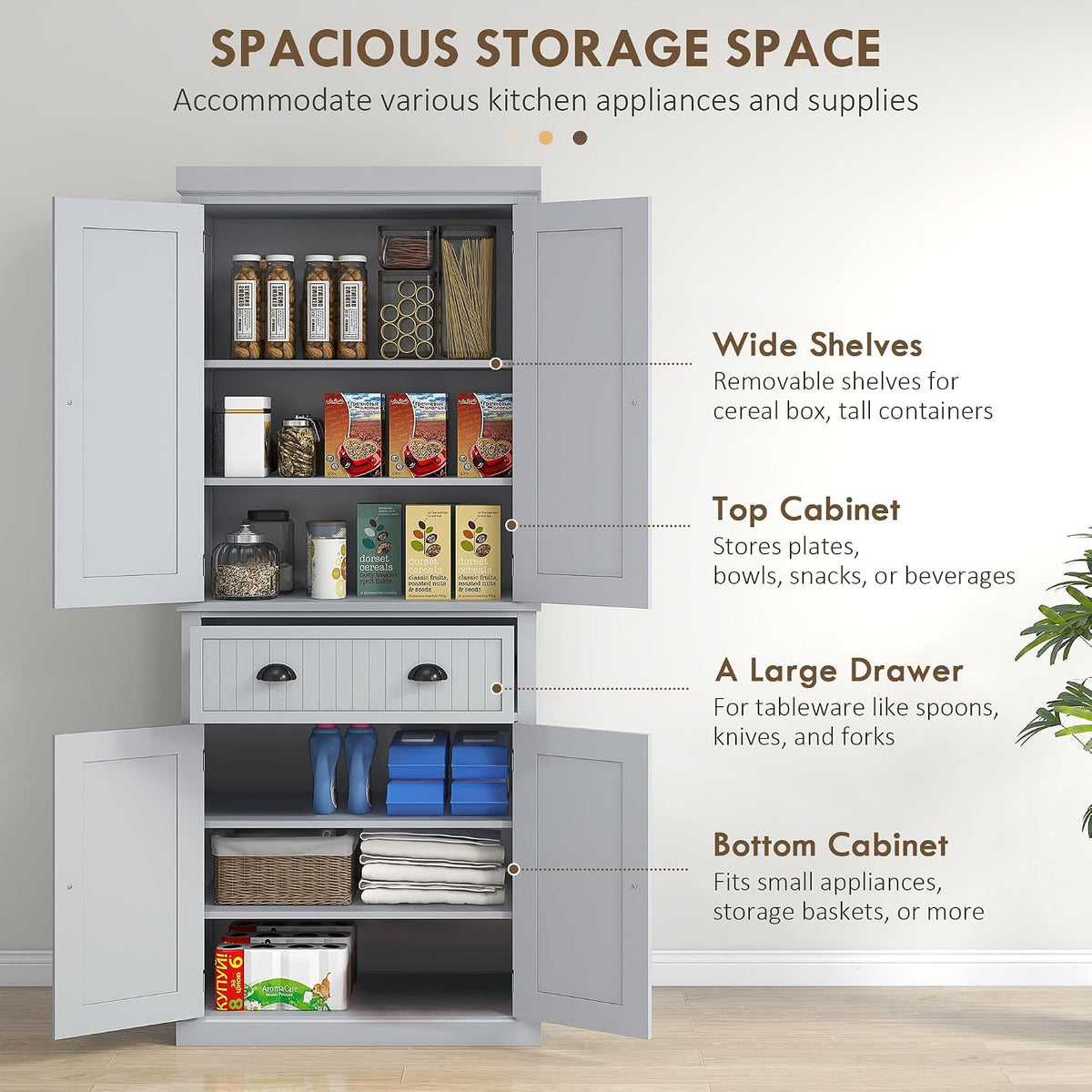 183Cm Tall Kitchen Cupboard with Drawer, 4 Doors, Grey