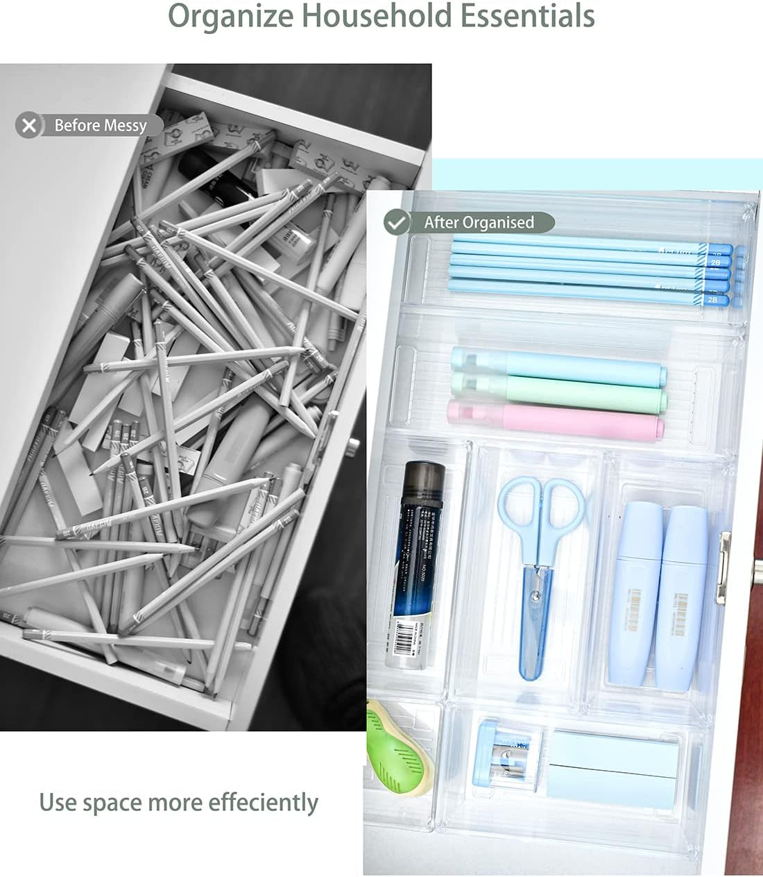 16 Pcs Clear Plastic Drawer Organiser Trays Desk Versatile Kitchen Drawer Organiser Bins Tray for Makeup Bedroom Office