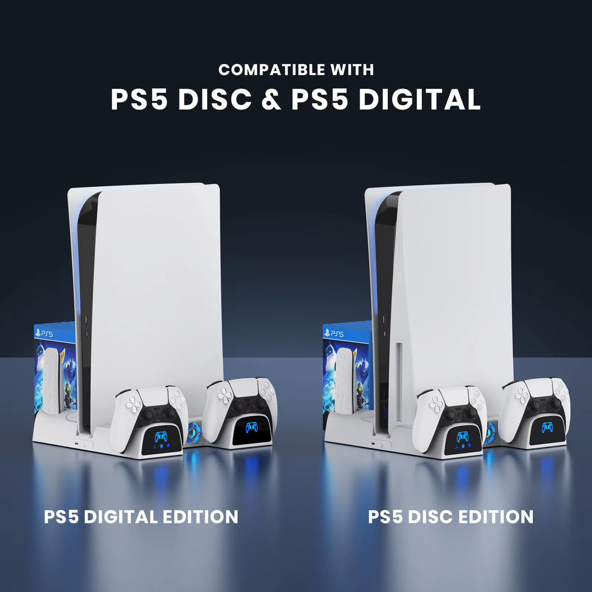 For PS5/PS5 Slim/Ps5 Pro Stand with Headphone Hook Cooling Stand & Controller Charging Station for PS5 with 3 Levels Cooling Fan