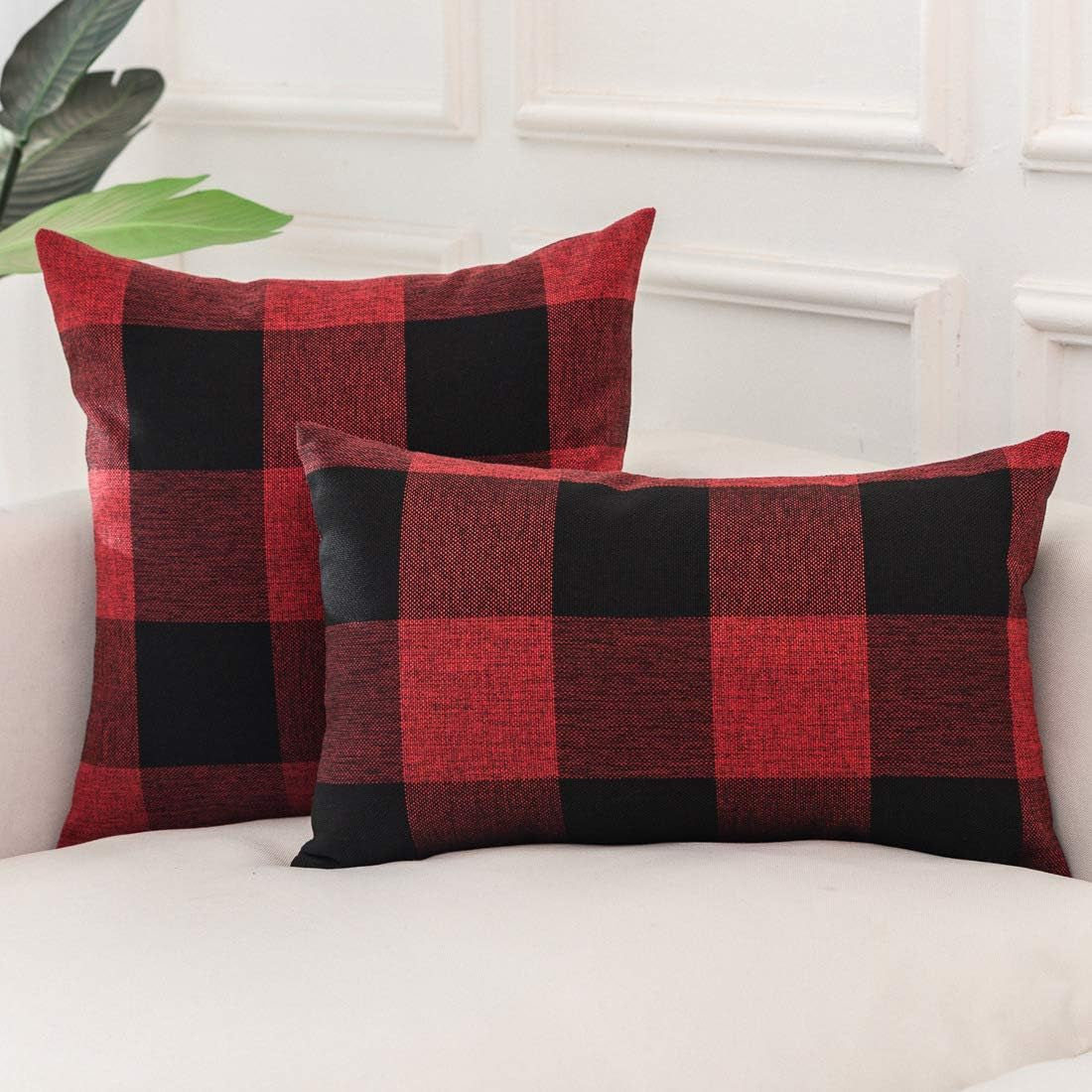 Buffalo Check Cushion Covers 30 X 50 Set of 2 Linen Decorative Rectangular Tartan Throw Lumbar Pillow Case for Sofa Couch Bed Home Decor Car 12X20 Inches (Burgundy & Black)