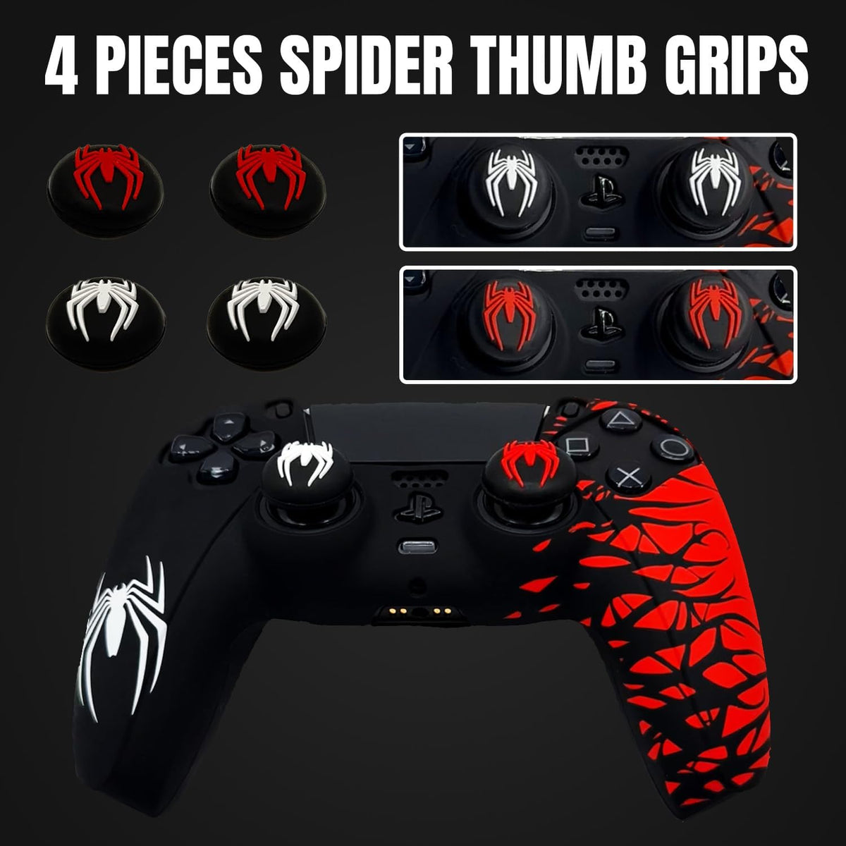 Black and Red Spider Anti-Slip Silicone Cover Skin for PS5 Controller, Soft Rubber Case for PS5 Wireless Controller with 2 Sets Thumb Grips