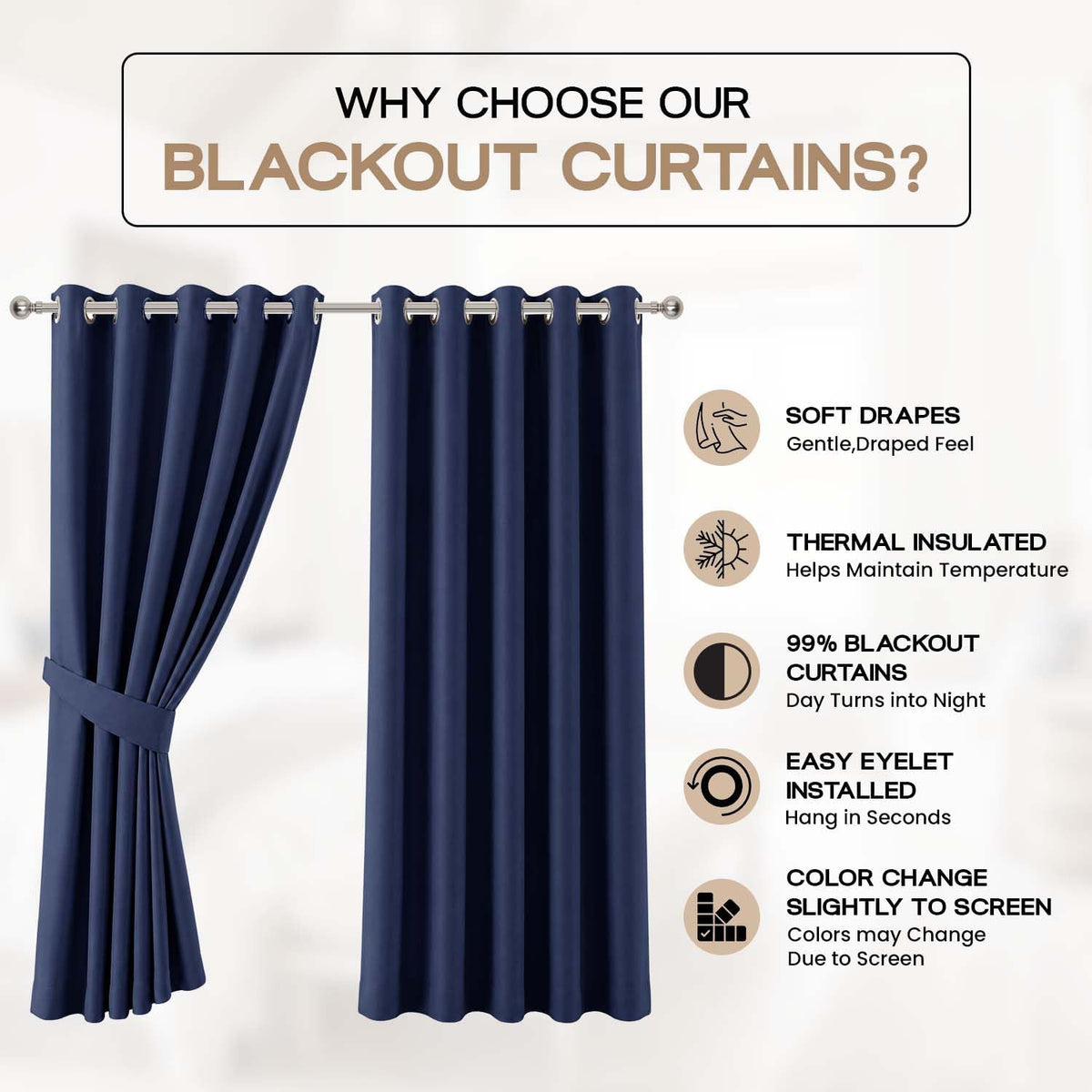 Eyelet Blackout Bedroom Curtains, Navy 66" X 54" 1 Pair