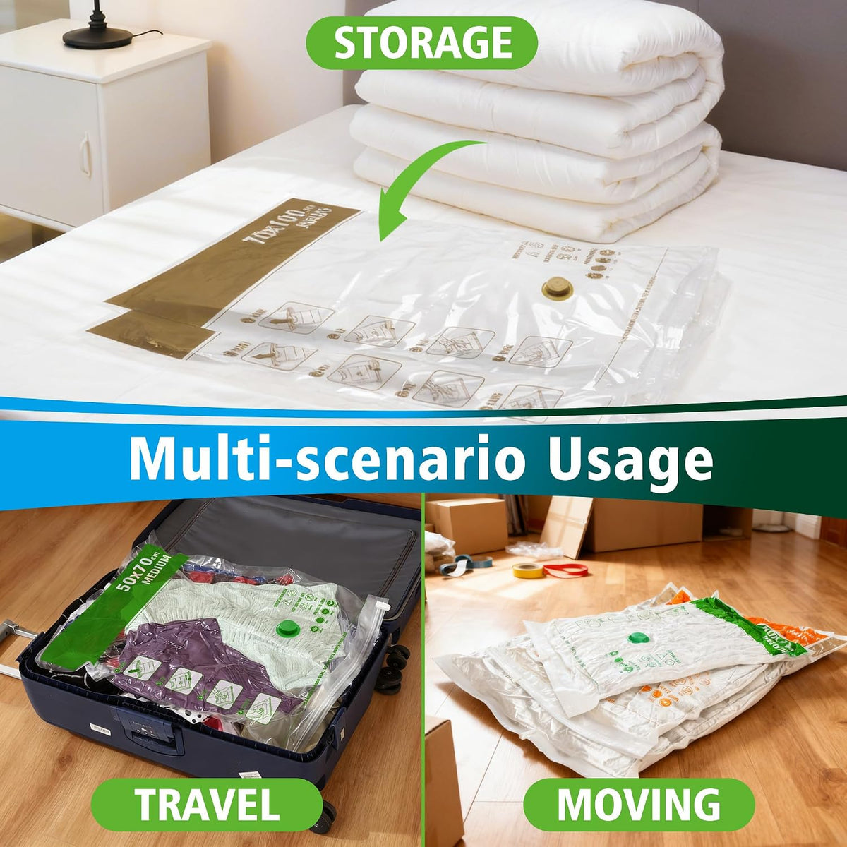 Space Saver Bags for Travel and Home Reusable Vacuum Storage Bags save 80% More Storage Space (12, M)
