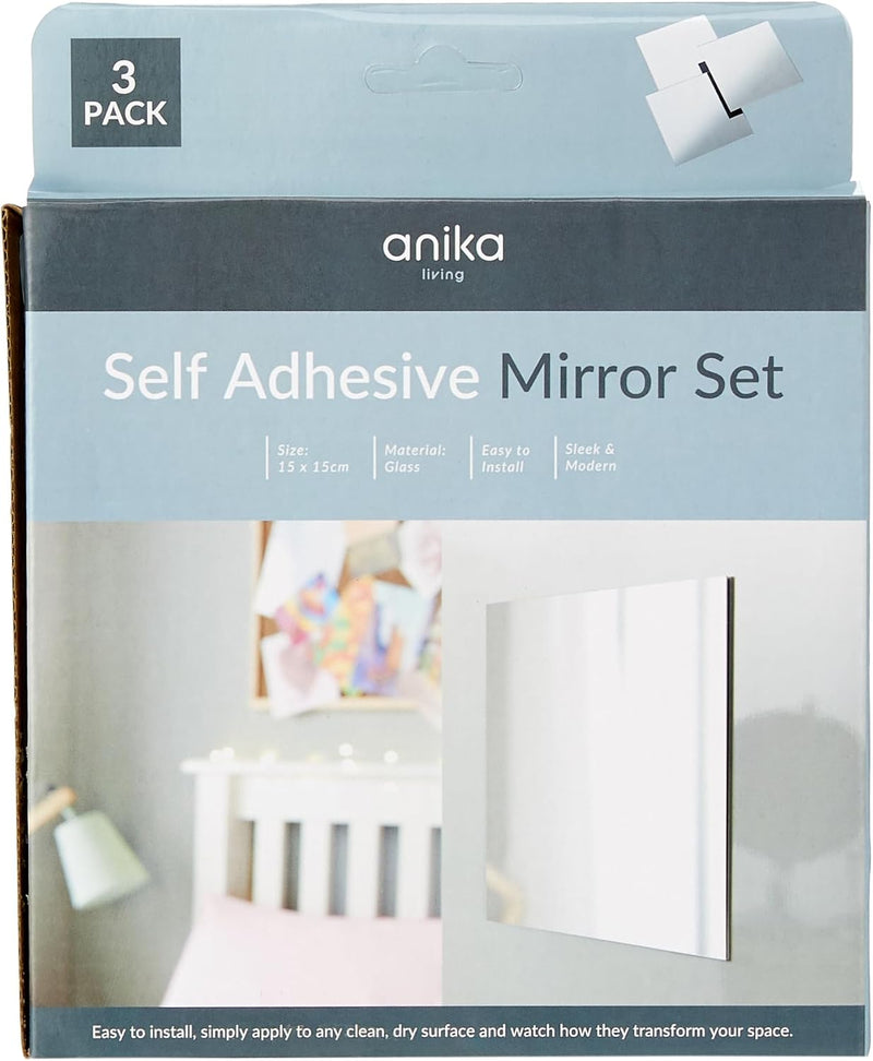 15Cm Self Adhesive Square Mirrors, Pack of 3, Modern Wall Mirrors