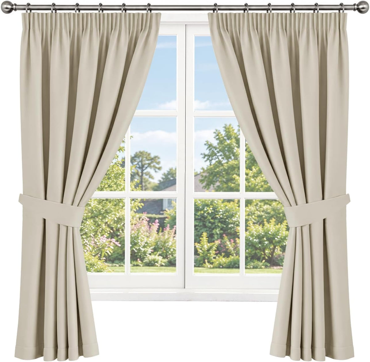 Pencil Pleat Blackout Curtains, Cream W66” X L72” 2 Panels