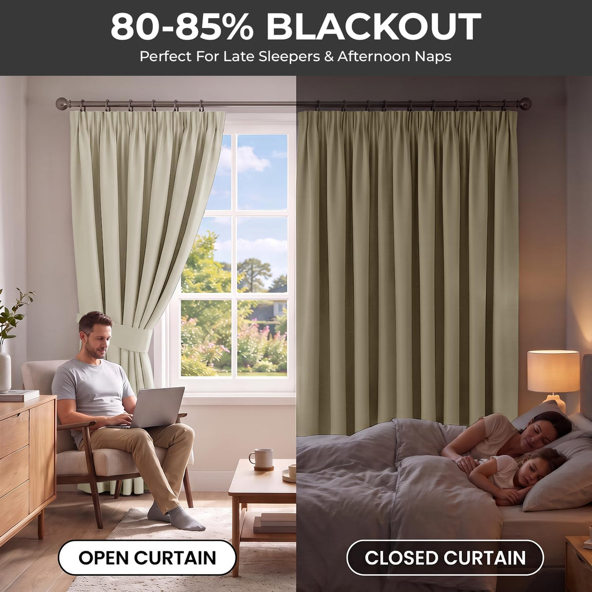 Pencil Pleat Blackout Curtains, Cream W66” X L72” 2 Panels