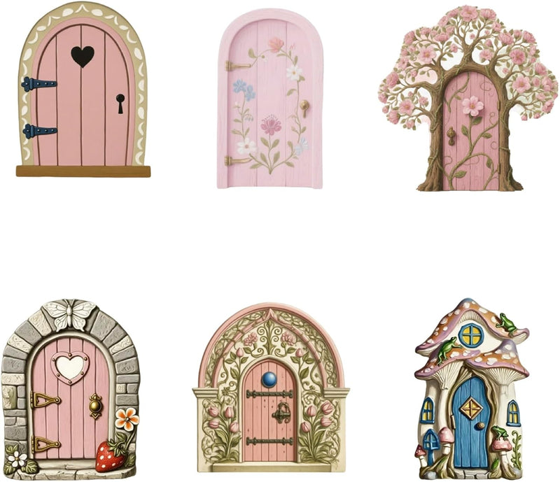 6Pcs Fairy Doors Set, Pink Fairy Garden Accessories, Outdoor Garden Ornaments, Fairy Garden Kit, Fairy Doors for Garden for Home Garden Tree Indoor Decor Lawn Yard Art Accessories