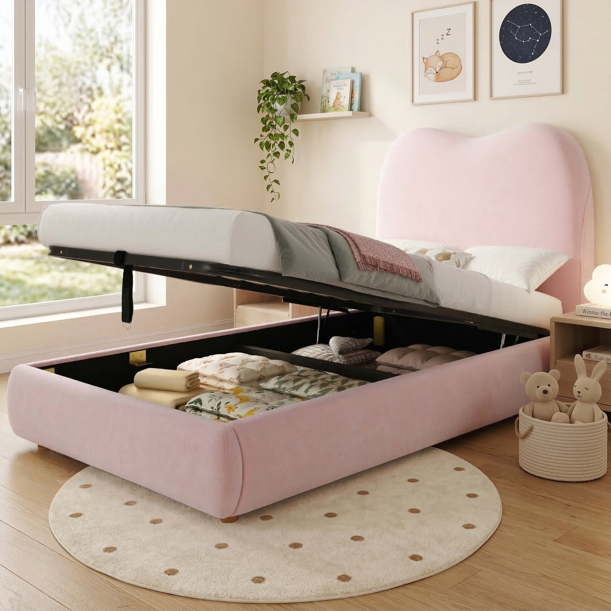 Upholstered Bed, Single Bed, Children'S Bed, 3Ft-90 X 190Cm, Hydraulic Bed, Bed with Headboard and Large Storage Space, Upholstered Headboard, Velvet, Pink