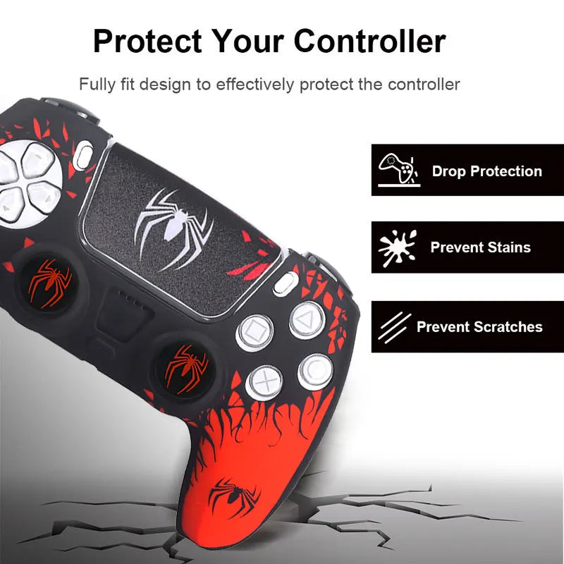 Spider Theme Soft Silicone Protective Case for PS5 Game Controller Cover Skin Gamepad Touchpad Stickers Thumb Stick Grip Cap Kit