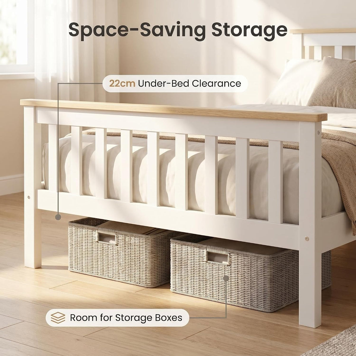 4FT6 Double Bed Frame Pine Wood Bed with Slats Bed for Kids (White+Wood, Double)