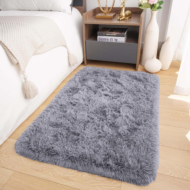 Rugs Living Room Small 50X80 Cm – Fluffy Shaggy Grey Area Rugs for Bedroom, Lounge – Super Soft Non Slip Rug Washable Modern Floor Carpets Bedside Rug for Kids Room