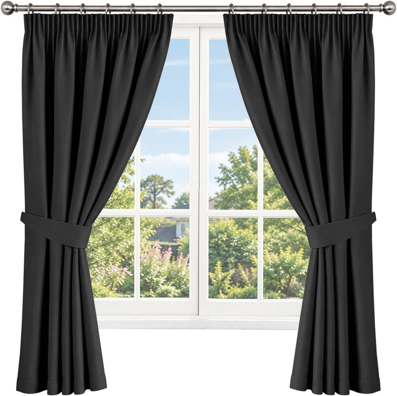 Pencil Pleat Blackout Curtains, Black W66” X L84” 2 Panels