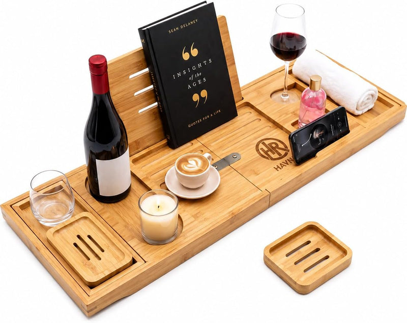 Bath Caddy Tray - Bamboo Bathtub Tray Expandable 28.5 to 41.5 Inches - Bath Trays for across the Bath, Wooden over Bath Shelf, Adjustable Bath Board Rack with Book, Tablet and Wine Glass Holder