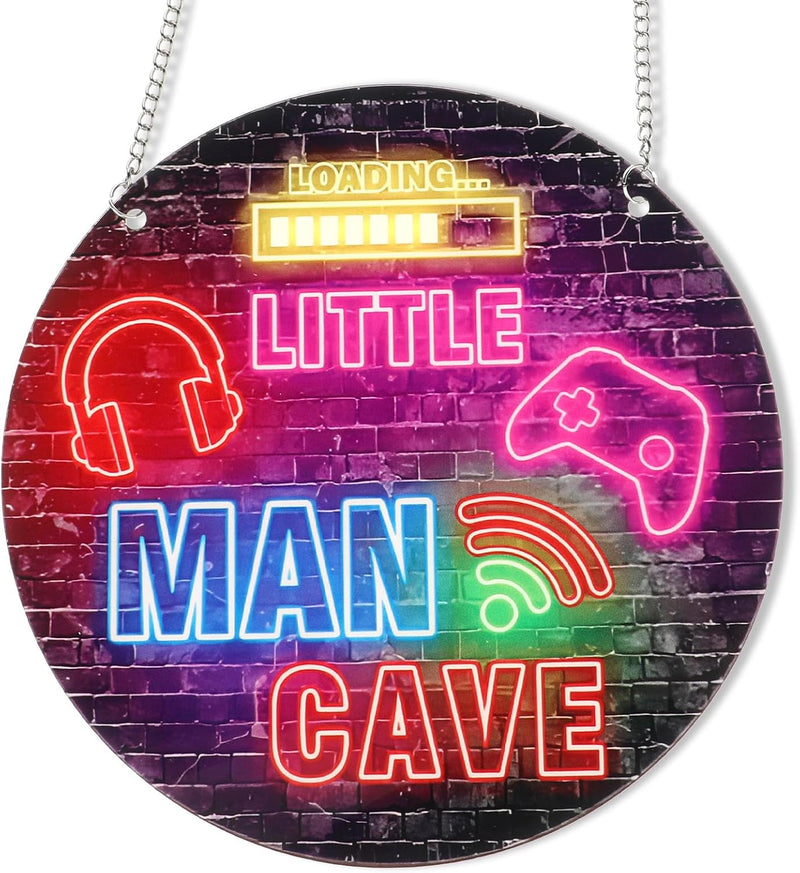 Neon Little Man Cave Sign Gaming Wooden Door Sign Video Game Hanging Wall Art Decor Christmas Birthday Gift for Son Kid for Bedroom Playroom Living Boy Room Decorations