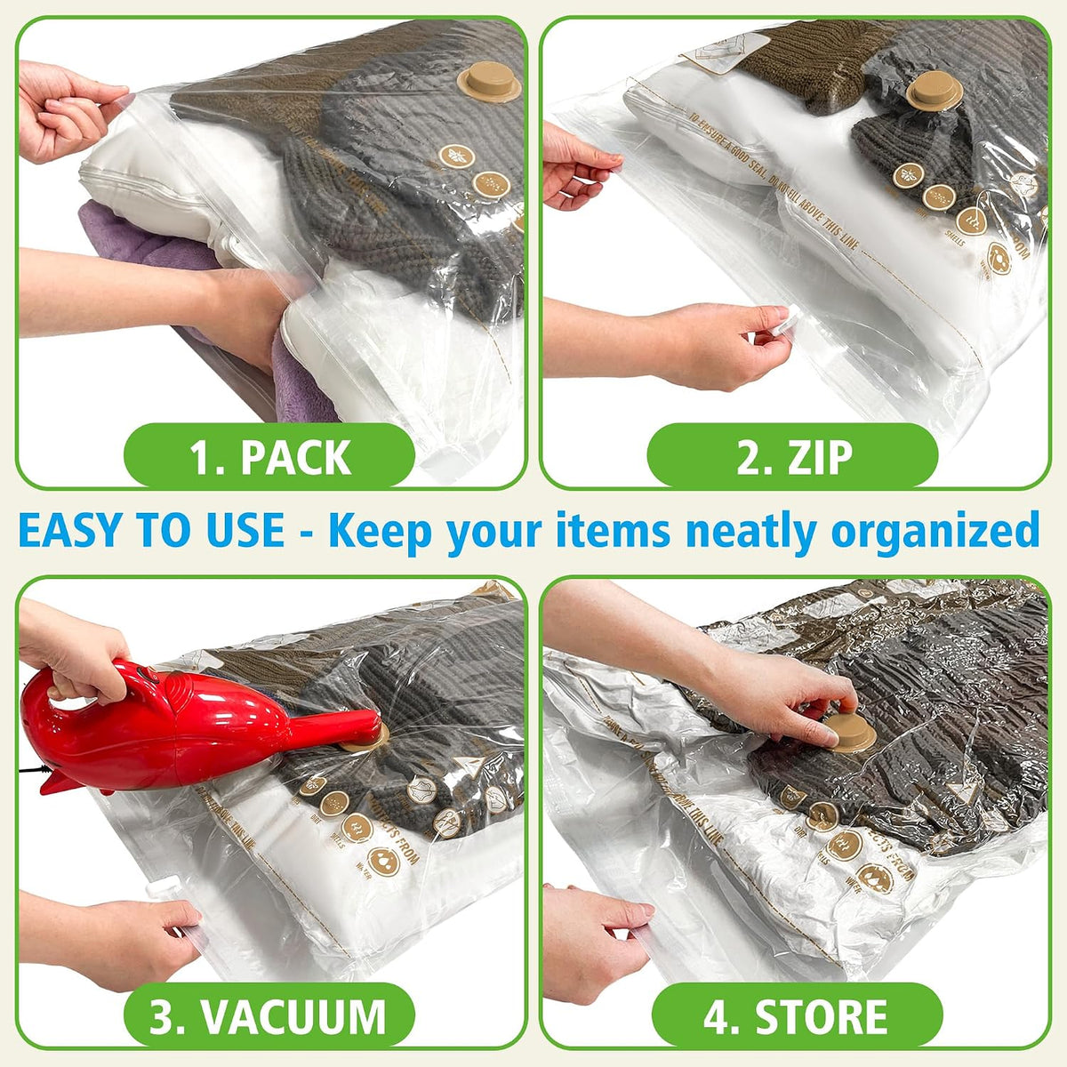 Space Saver Bags for Travel and Home Reusable Vacuum Storage Bags save 80% More Storage Space (12, M)