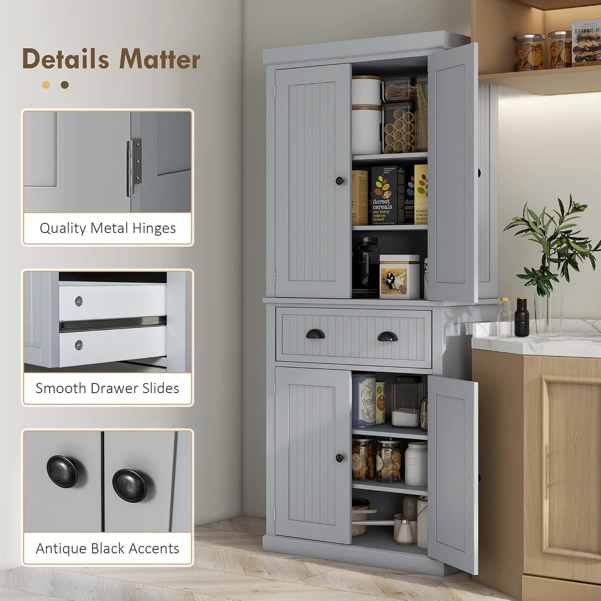 183Cm Tall Kitchen Cupboard with Drawer, 4 Doors, Grey