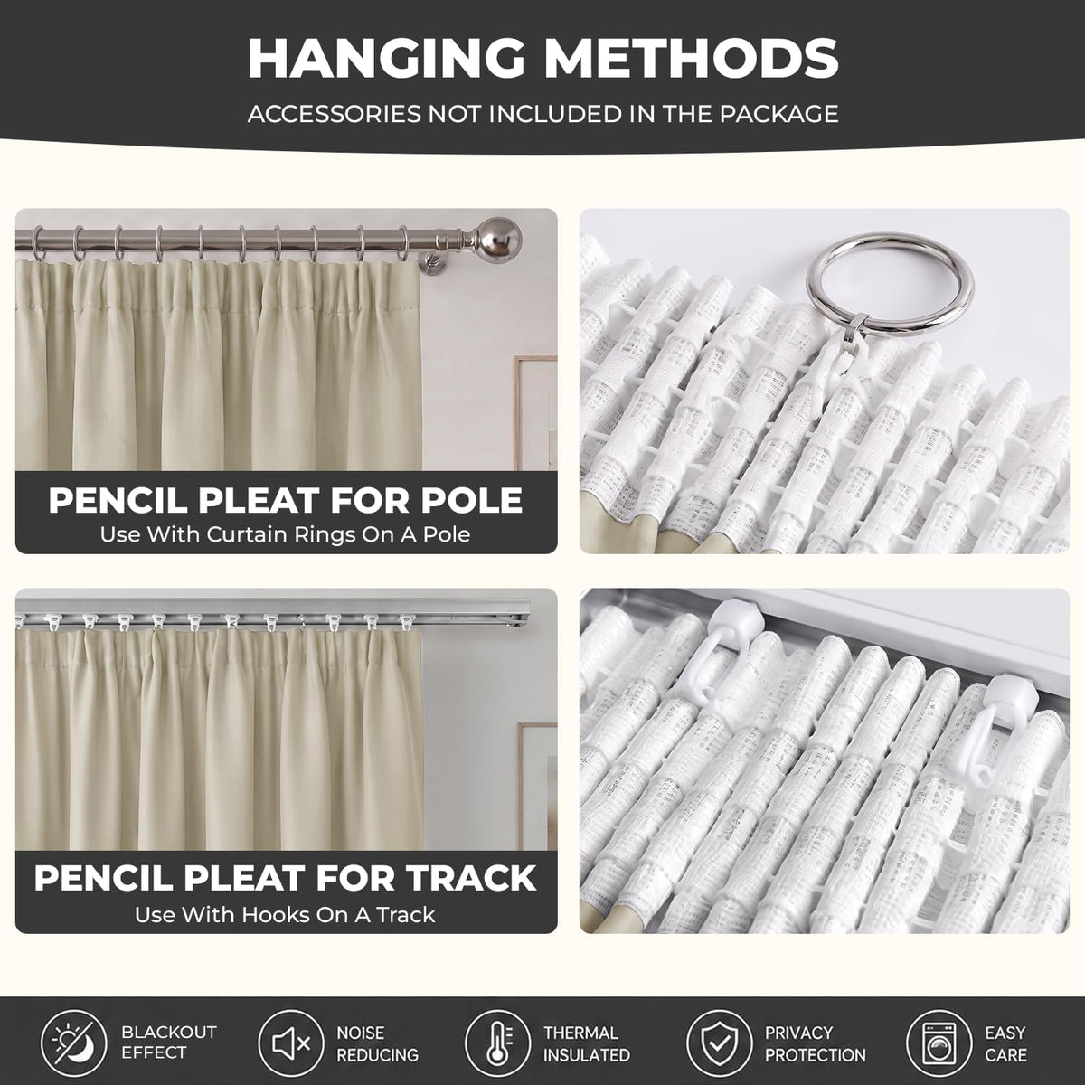 Pencil Pleat Blackout Curtains, Cream W66” X L72” 2 Panels