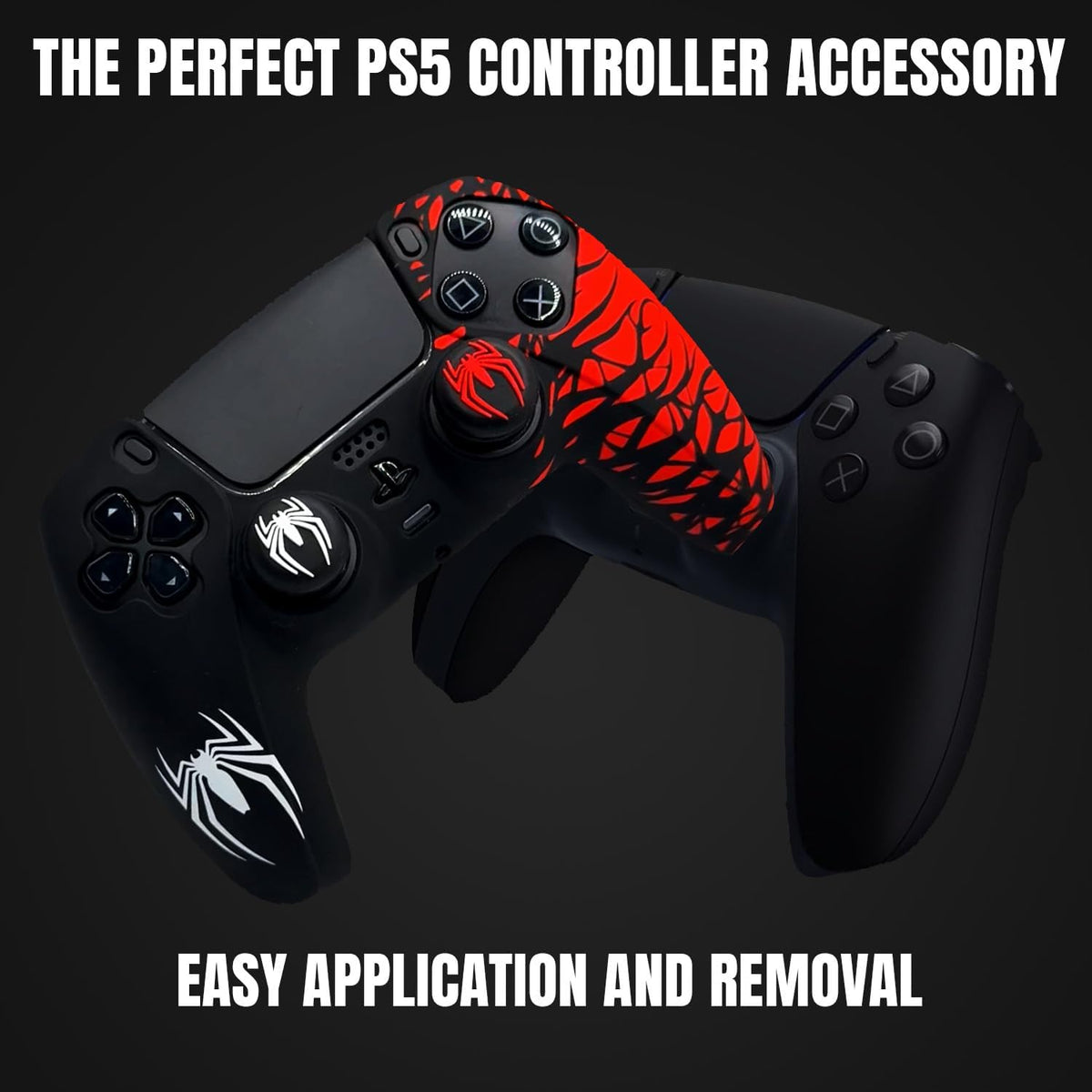Black and Red Spider Anti-Slip Silicone Cover Skin for PS5 Controller, Soft Rubber Case for PS5 Wireless Controller with 2 Sets Thumb Grips
