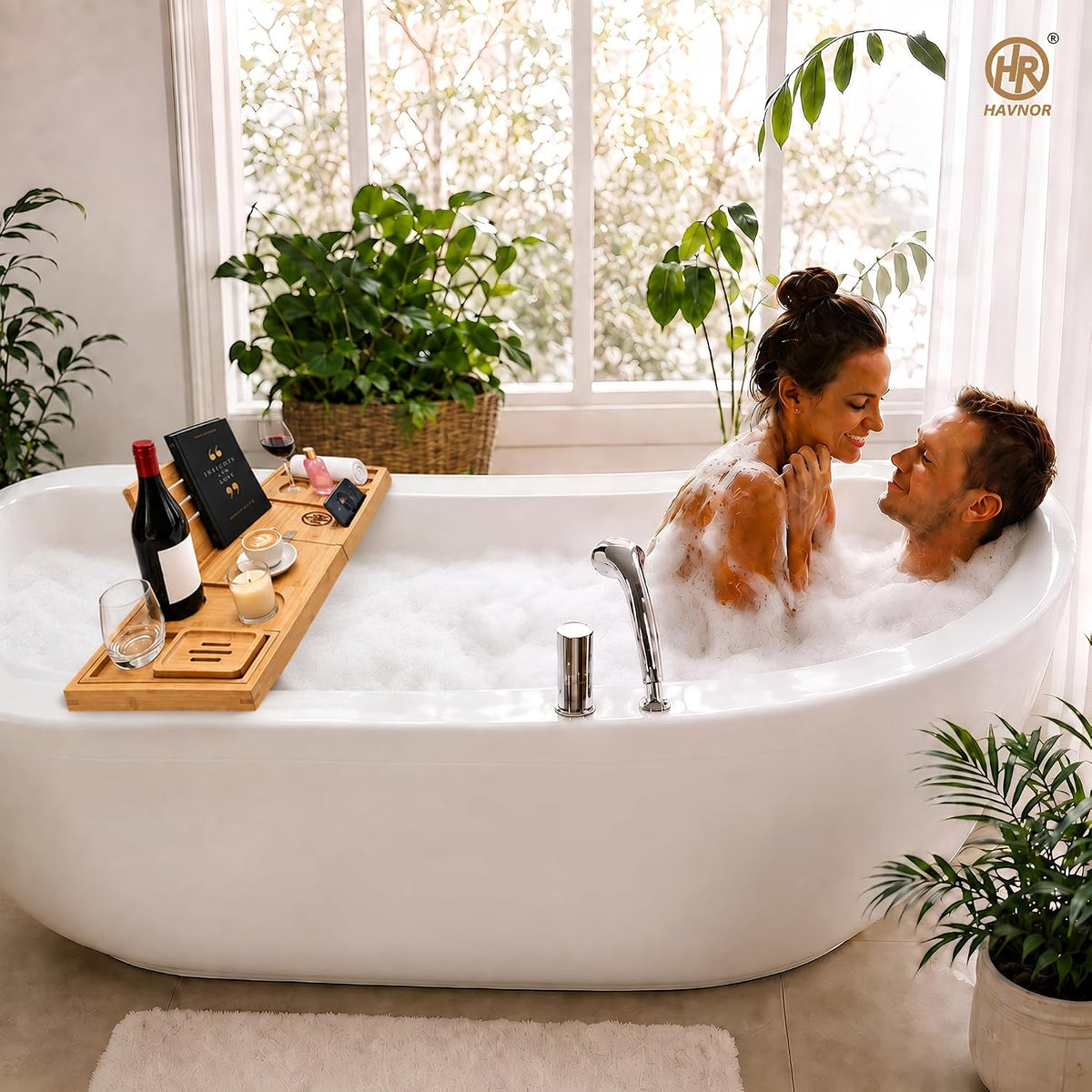 Bath Caddy Tray - Bamboo Bathtub Tray Expandable 28.5 to 41.5 Inches - Bath Trays for across the Bath, Wooden over Bath Shelf, Adjustable Bath Board Rack with Book, Tablet and Wine Glass Holder
