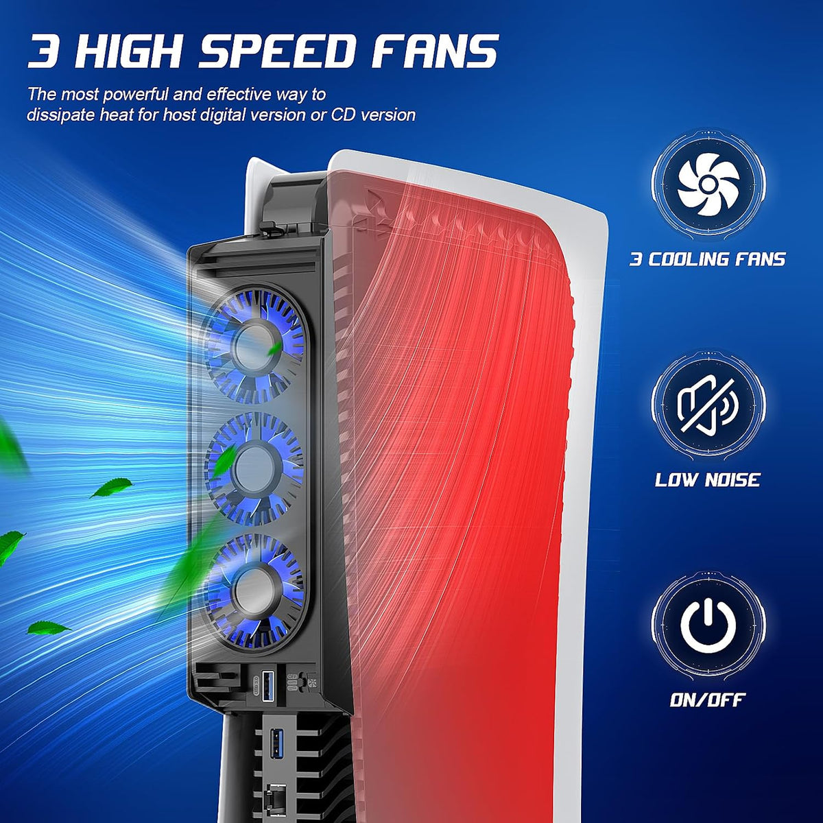 Cooling Fan for PS5 Cooler Fan for PS5 Accessories with LED Light and 3.0 USB Ports Fan Cooling Fan Compatible with PS5 Host Digital Version or CD Version,Not for Ps5 Slim/Ps5 Pro