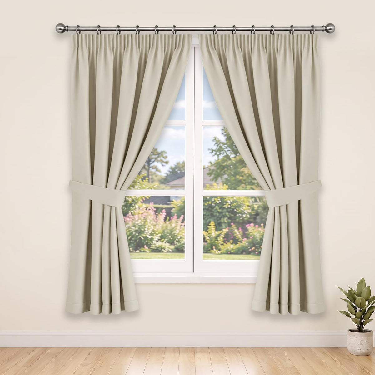Pencil Pleat Blackout Curtains, Cream W66” X L72” 2 Panels