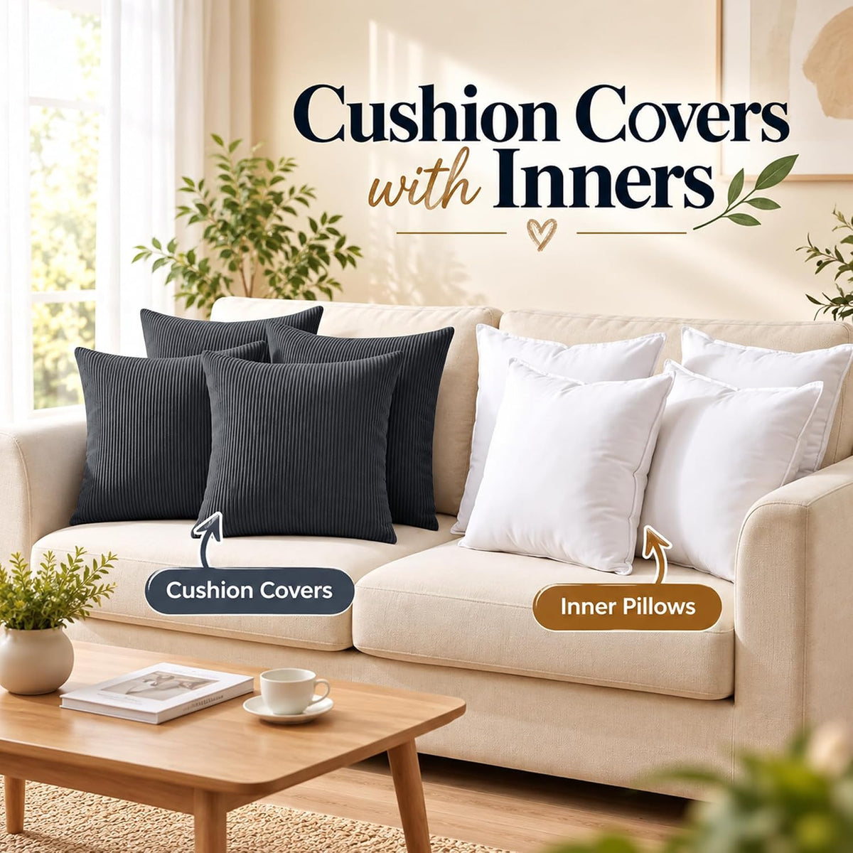 Grey Cushions with Covers Included 45 X 45 Cm Pack of 4 (4-Cushion Covers, 4-Inserts) with Invisible Zipper Pattern Cushion for Home Décor, Bedroom & Sofa (18X18 Inchs)