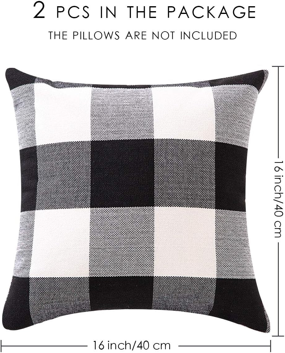 Buffalo Check Cushion Covers 40Cm X 40Cm Set of 2 Linen Decorative Square Tartan Throw Pillow Case for Sofa Couch Bed Home Decor Car 16 X 16 Inches (Black & White)