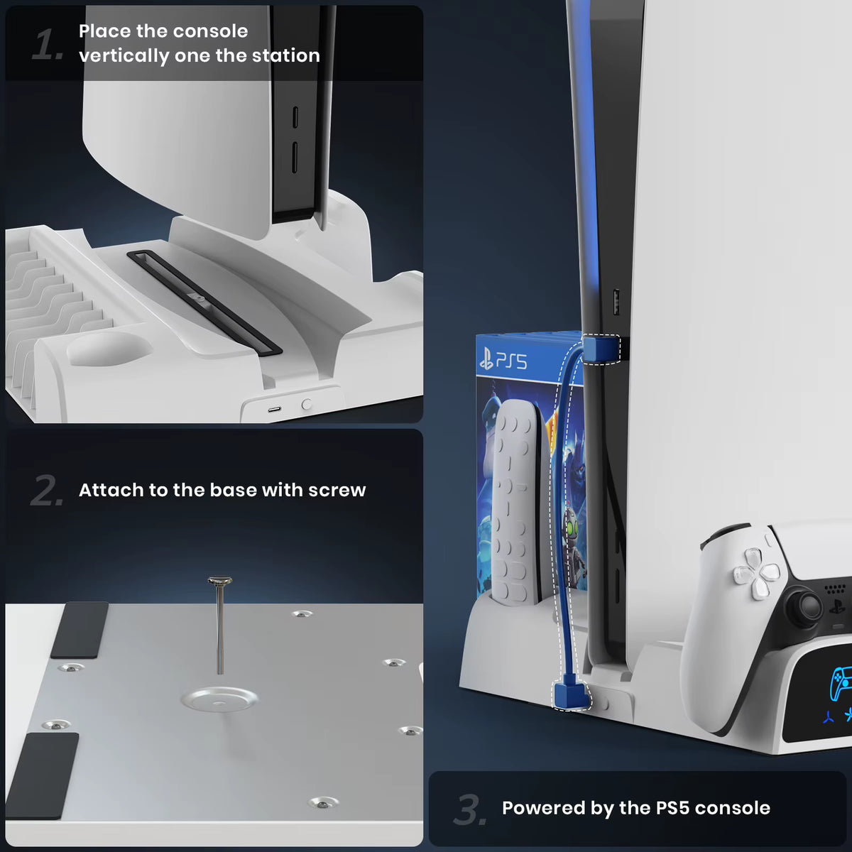 For PS5/PS5 Slim/Ps5 Pro Stand with Headphone Hook Cooling Stand & Controller Charging Station for PS5 with 3 Levels Cooling Fan