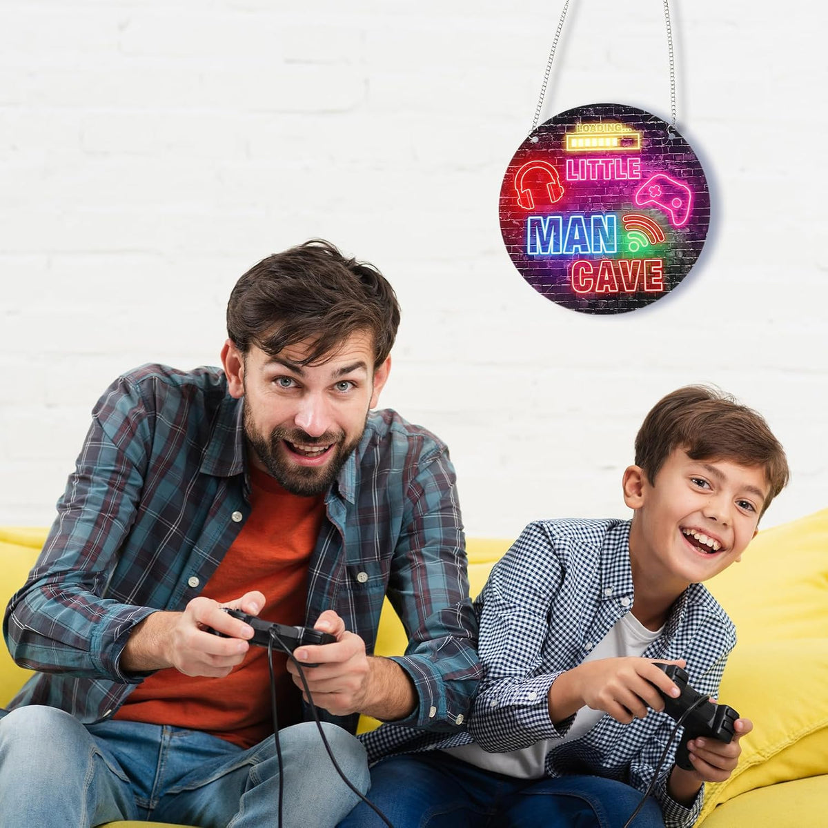 Neon Little Man Cave Sign Gaming Wooden Door Sign Video Game Hanging Wall Art Decor Christmas Birthday Gift for Son Kid for Bedroom Playroom Living Boy Room Decorations