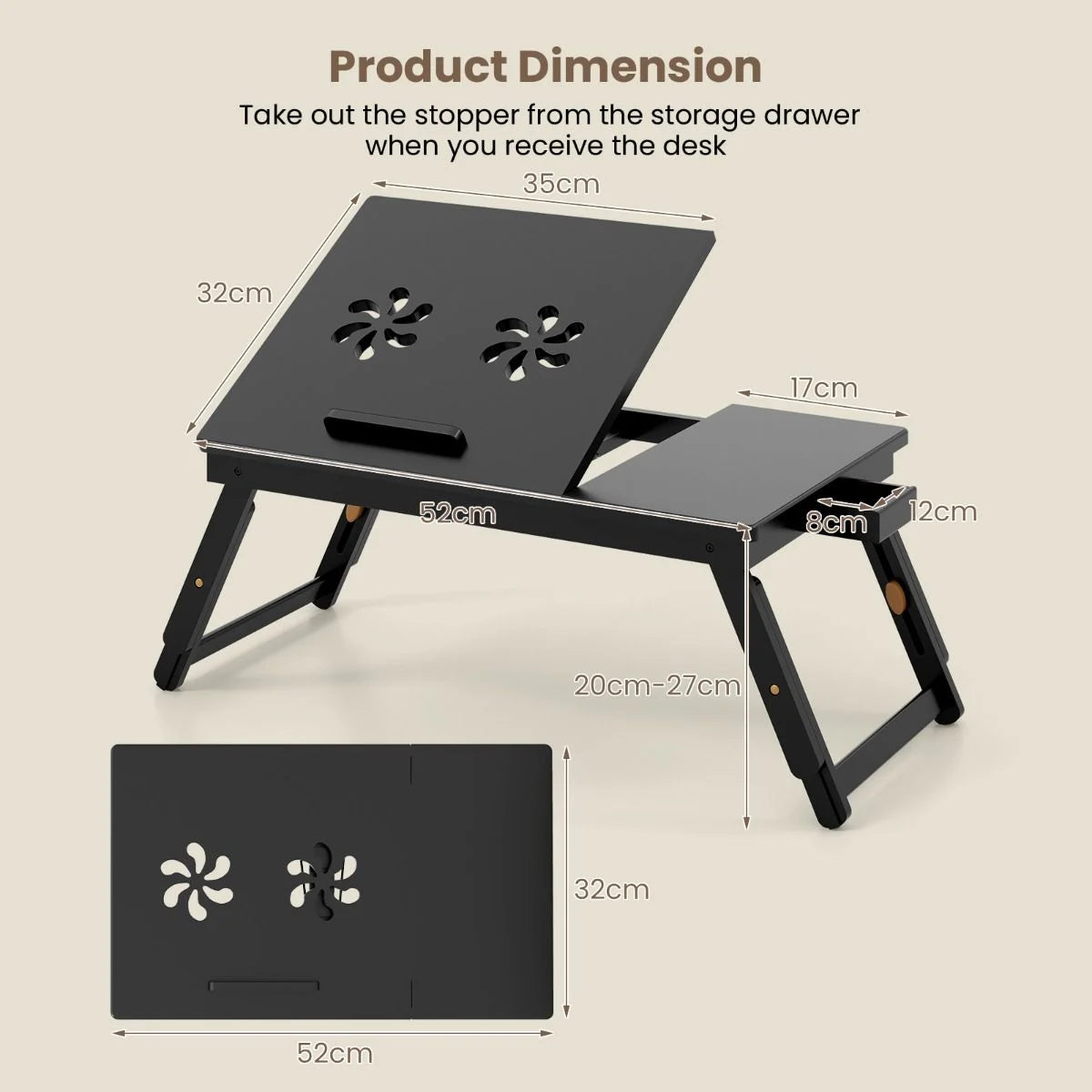 Portable Bamboo Laptop Lap Tray with Adjustable Legs and Tilting Top