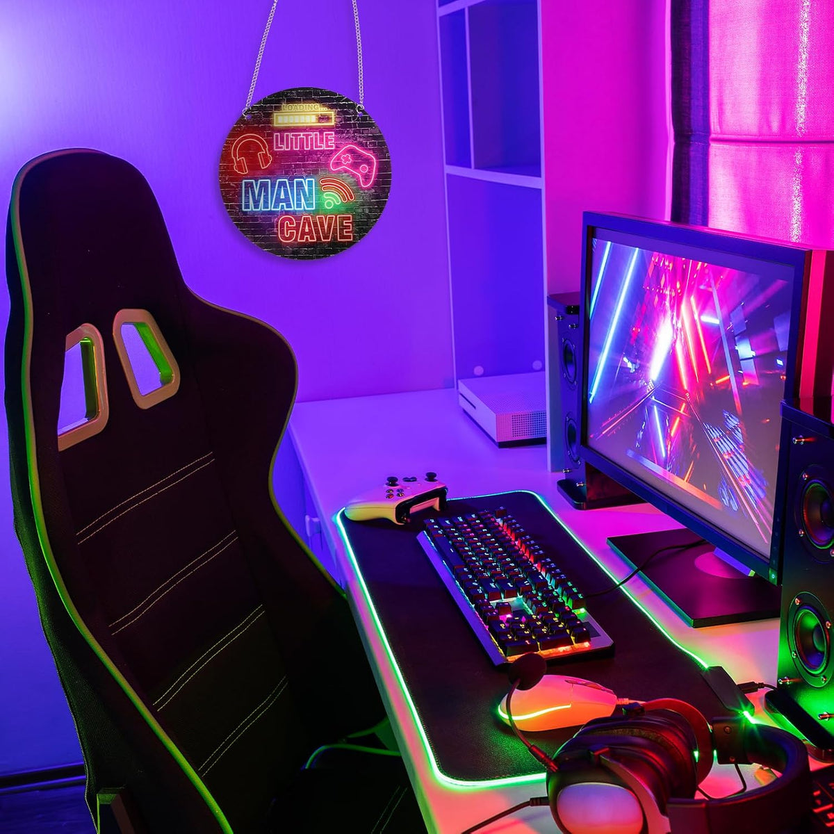 Neon Little Man Cave Sign Gaming Wooden Door Sign Video Game Hanging Wall Art Decor Christmas Birthday Gift for Son Kid for Bedroom Playroom Living Boy Room Decorations