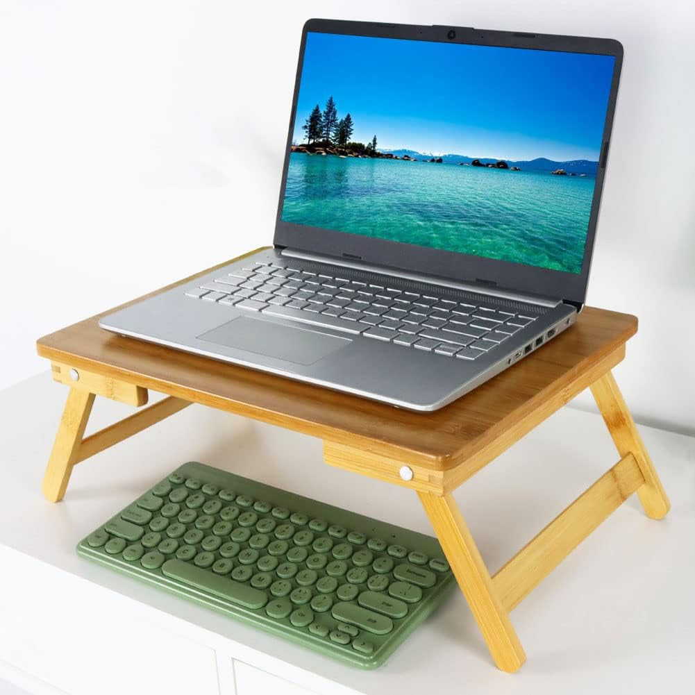 Bamboo Laptop Bed Table Lap Desk for Bed Breakfast Bed Tray with Folding Legs Portable Bed Table for Computer Snack Writing Studio (Natural)