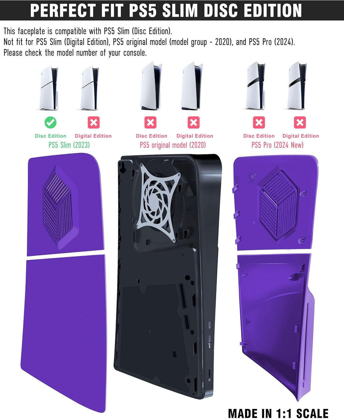Faceplates for PS5 Slim Accessories with Cooling Vents, Replacement Case Cover for PS5 Slim Disc Edition 4 Cover Plates, Anti-Scratch Dustproof Skin ABS Plates Purple