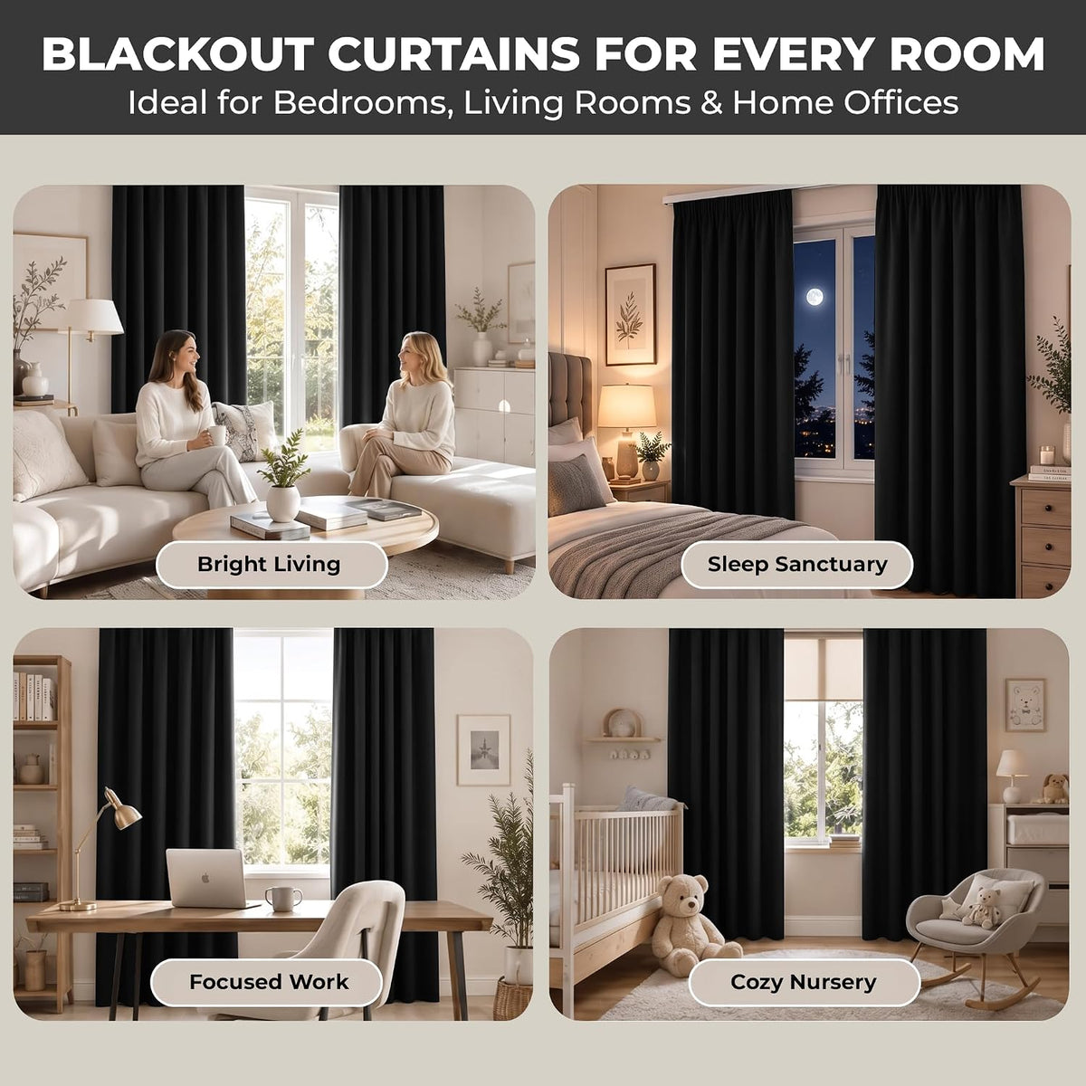Pencil Pleat Blackout Curtains, Black W66” X L84” 2 Panels