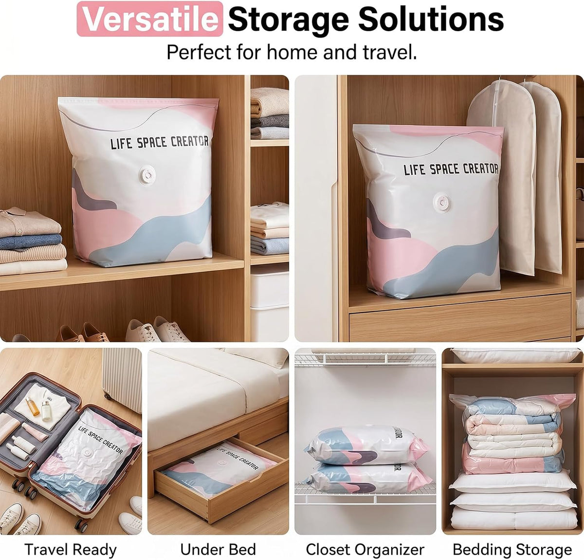 No Pump Vacuum Storage Bags for Clothes & Bedding, 5 Pack L-100X80X38Cm
