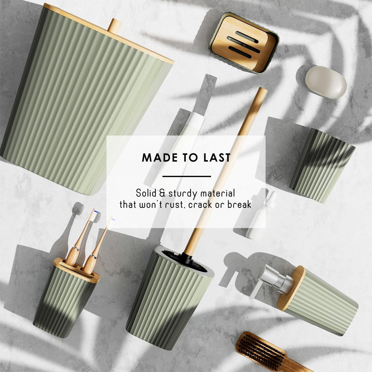 Bathroom Accessories Set - Bathroom Accessory Set with Shower Curtain Set, Toilet Brush, Trash Can & Soap Dispenser & Rugs (Sage Green, Complete Set + Bath Rugs)