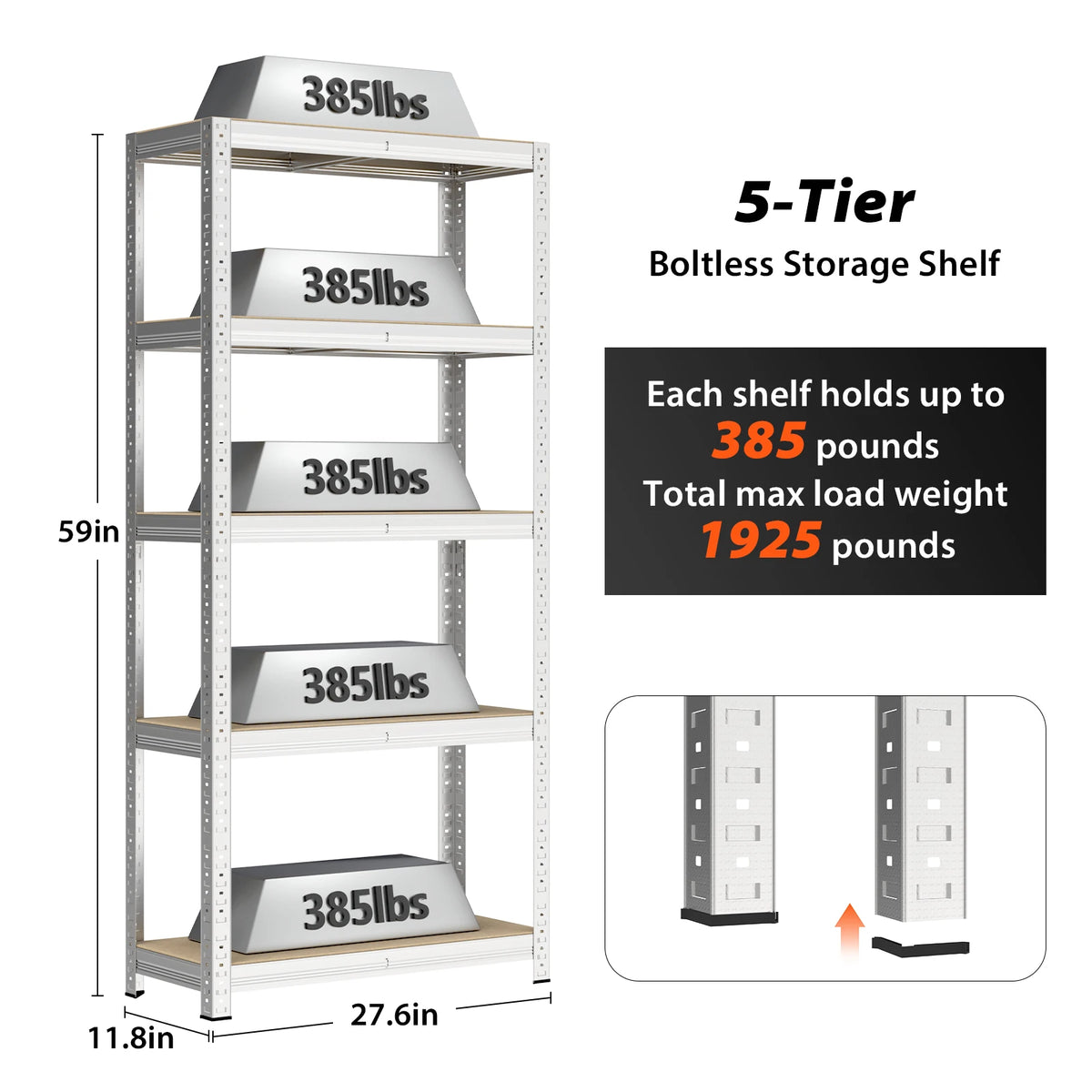 Shelving Unit for Garage Shed Storage, 5 Tier Shelf Unit, Boltless Racking Adjustable Shelf Rack Unit Free Standing Work