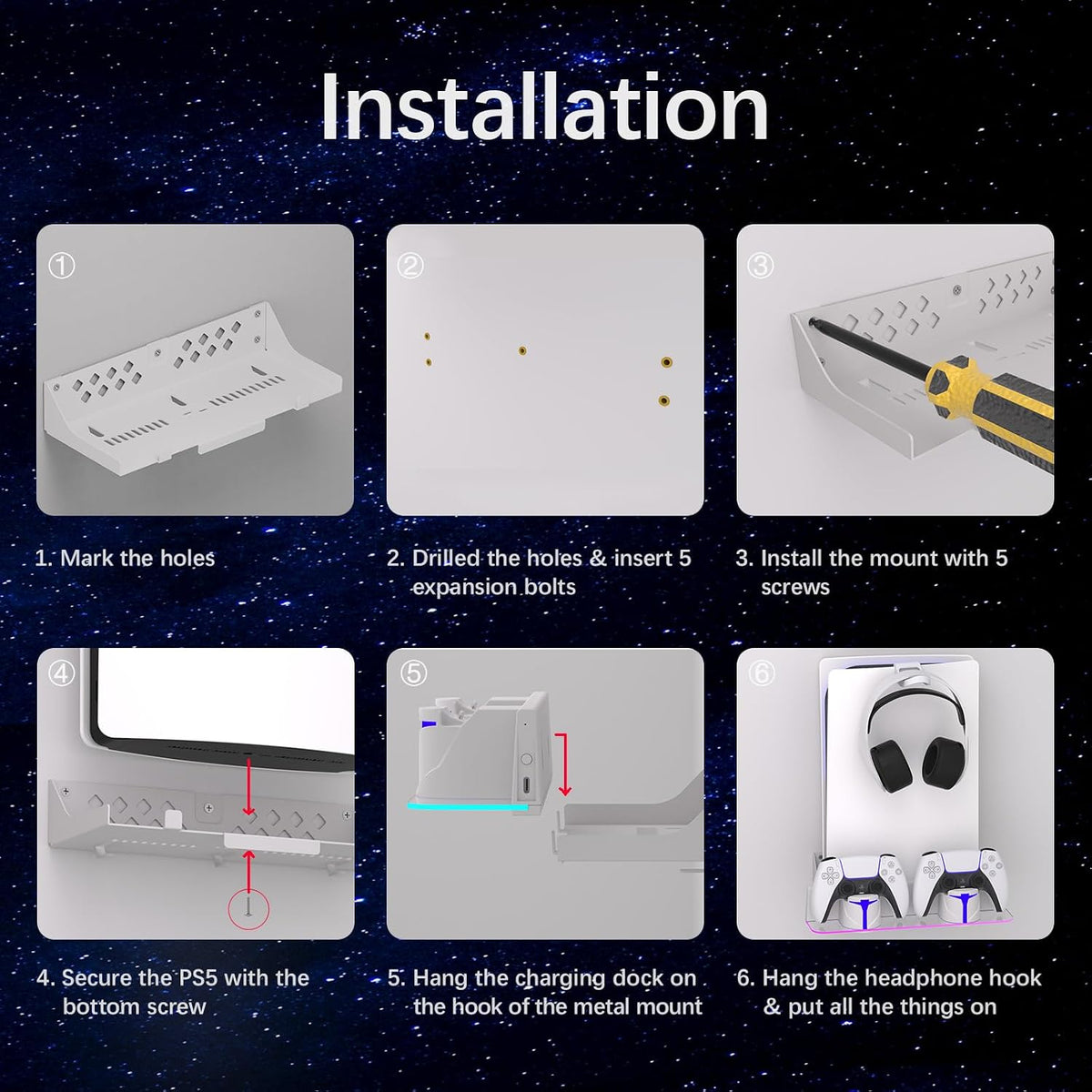 PS5 Wall Mount for PS5/PS5 Pro/Ps5 Slim Kit with Charging Station, Compatible with Disc & Digital Version, Dual Use Charging Station with Multi-Mode RGB Light, White